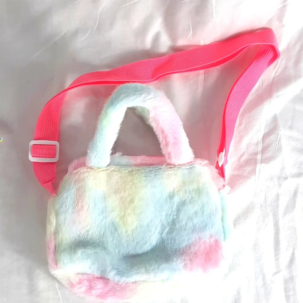 Pink Handbag with Plush Texture and Cartoon Design